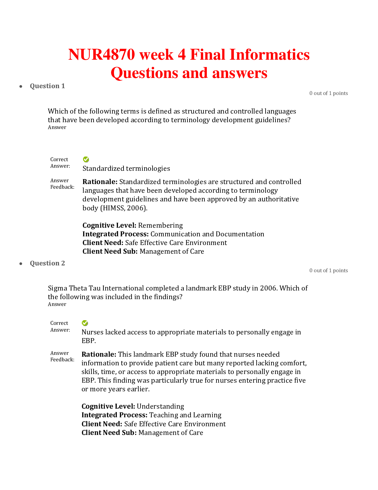NUR4870 week 4 Final Informatics Questions and answers {Latest Update}